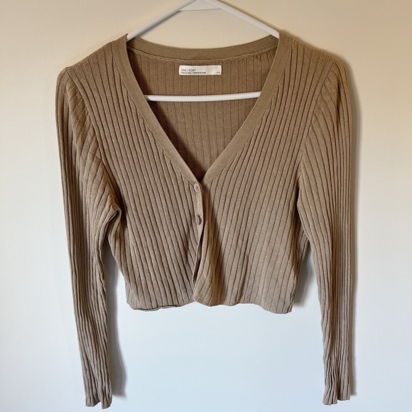 Oak + Fort Tan Ribbed Lighweight Cardigan Size Small - Picture 2 of 4
